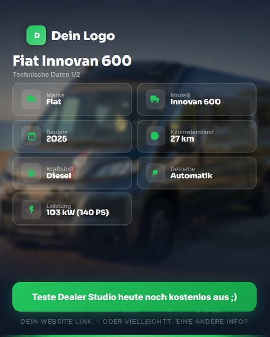 Karte mit technischen Daten: Leistung, Kilometer, Kraftstoff