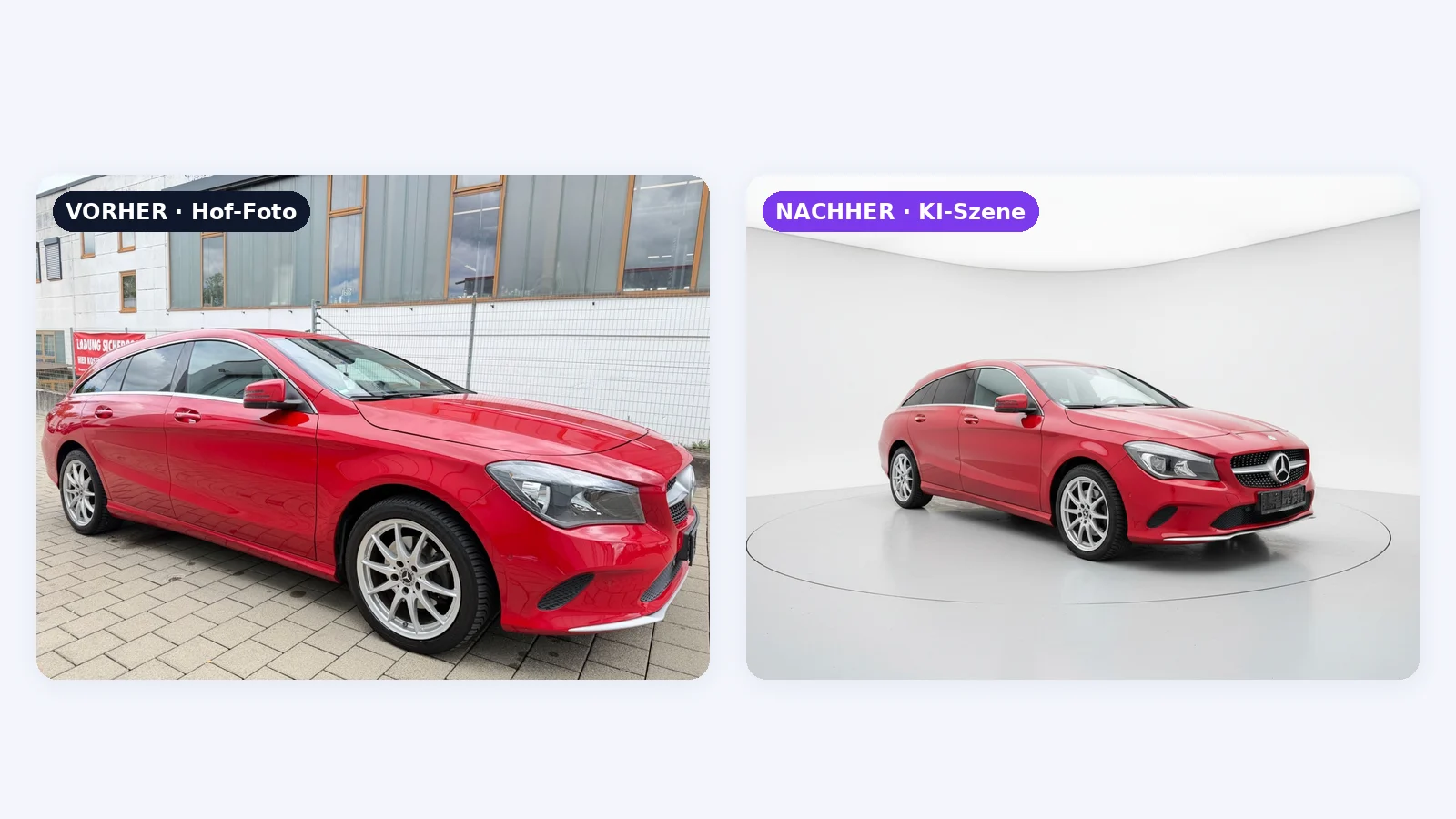 Vorher: roter Mercedes CLA Shooting Brake auf einem gepflasterten Hof vor einer Hauswand. Nachher: dasselbe Auto in einem weißen Fotostudio mit Drehteller.