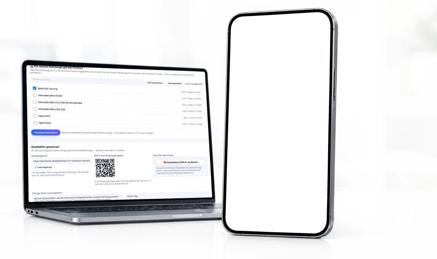 Empfehlungsprogramm von PostMotor: Auf dem Laptop stehen Einladungslink, QR-Code und fertige Texte zum Kopieren, das Handy zeigt die Fahrzeugseite eines Autos aus dem Demo-Autohaus mit dem Button „Empfehlen & 200 € verdienen".