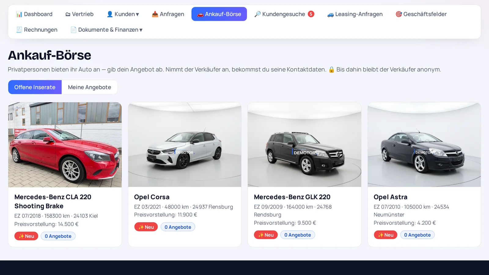Ankauf-Börse im Händlerkonto des Demo-Autohauses: Karten mit Fotos, Erstzulassung, Kilometerstand, Ort und Preisvorstellung privater Autos