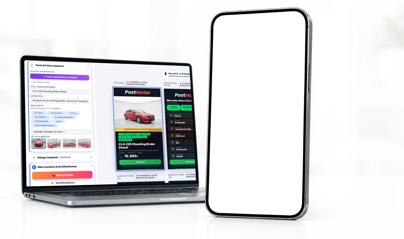 Social Studio von PostMotor: Auf dem Laptop steht ein Mercedes CLA mit dem Button „Reel erstellen", das Handy daneben spielt das fertige Reel des Autos ab.
