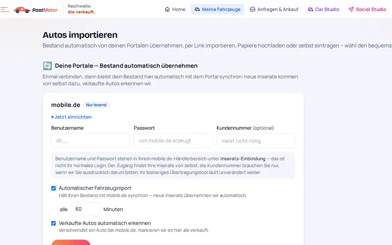 Die Seite „Autos importieren" in PostMotor mit der Anbindung an mobile.de.
