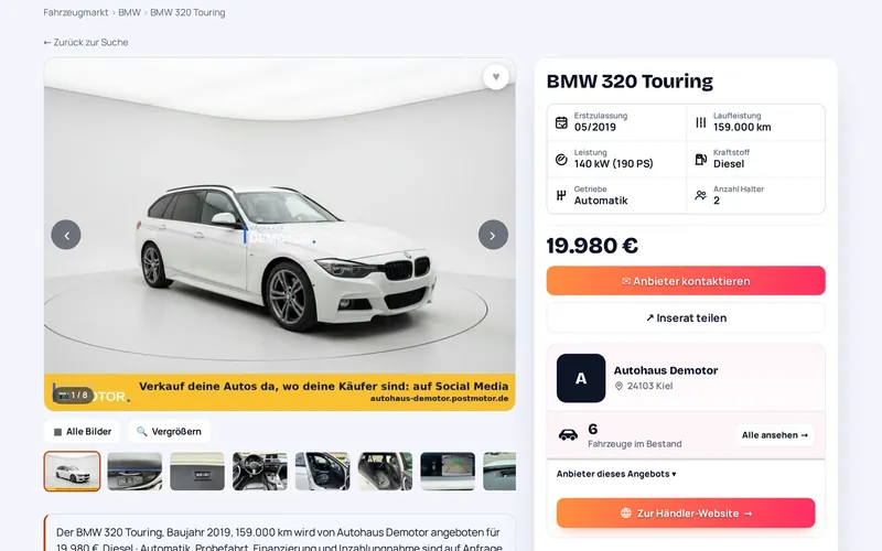 Ein BMW 320 Touring mit eigener Seite im Fahrzeugmarkt von PostMotor, mit Preis und Eckdaten.