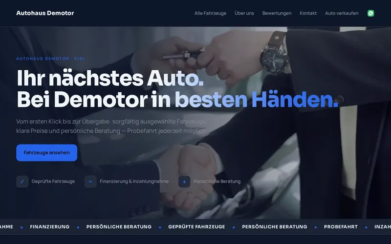 Die Startseite der Website eines Demo-Autohauses, erstellt mit PostMotor.
