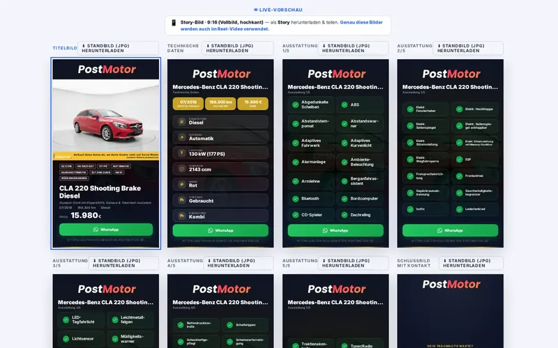 Das Social Studio von PostMotor mit fertigen Beitragskarten zu einem Mercedes CLA.