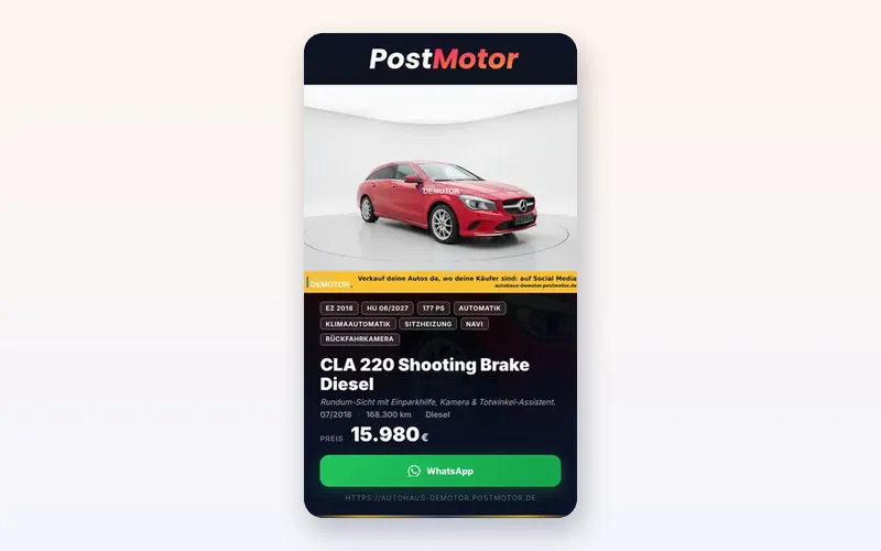 Ein fertiges Reel zu einem Mercedes CLA 220 Shooting Brake mit Preis und Eckdaten.